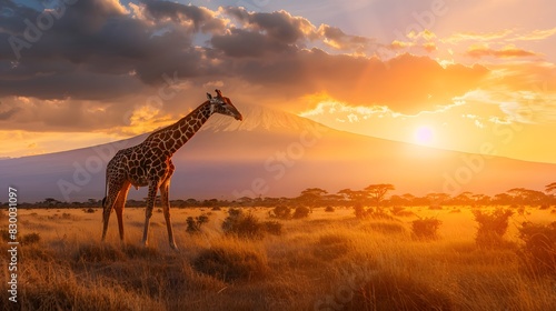 Mother and baby giraffes walking together through the savana at sunset © Philip