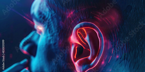 Earache Agony the sharp shooting pain of ear discomfort.  A close-up of a person's red and swollen ear