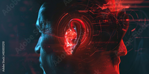 Earache Agony the sharp shooting pain of ear discomfort.  A close-up of a person's red and swollen ear