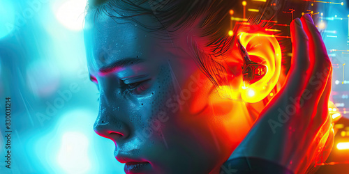 Earache Agony the sharp shooting pain of ear discomfort.  A close-up of a person's red and swollen ear