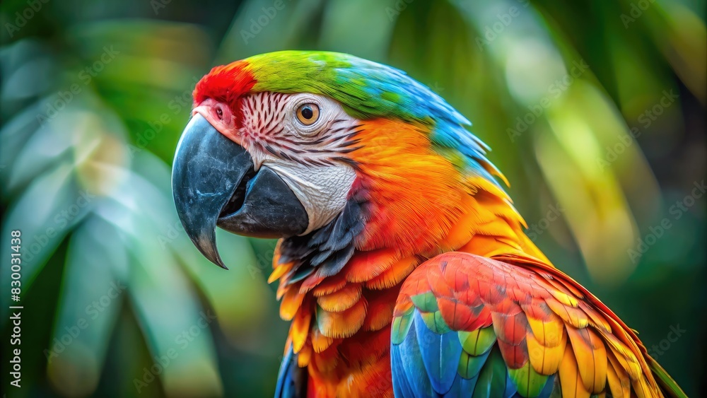 Colorful Parrot Standing in Front of Leaves. Generative AI Colorful Parrot Standing in Front of Leaves. Generative AI
