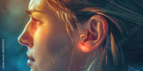 Earache Agony the sharp shooting pain of ear discomfort.  A close-up of a person's red and swollen ear
