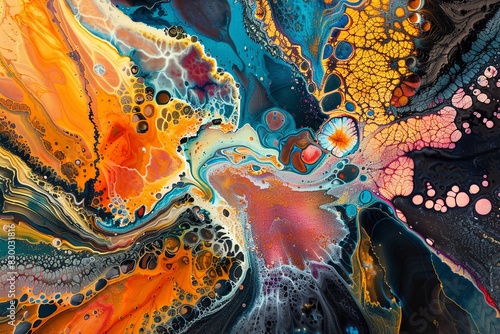 A vibrant abstract organic form that blends fluid, realistic, and fantastical elements. Ultra-detailed textures and bold, dynamic lines create an intricate photo