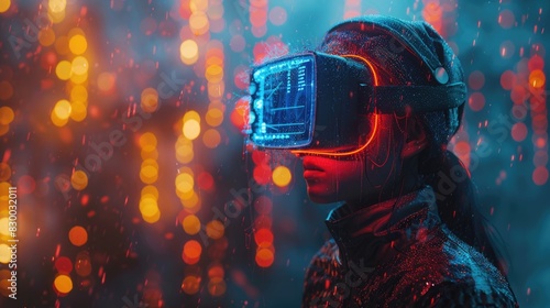 Person exploring a virtual reality world with VR headset amidst colorful neon lights  conveying a futuristic and immersive experience.