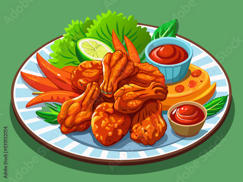 Citrus marinated chicken wings with lime and sauce on striped plate. Bright and zesty chicken wings served with citrus and dipping sauces. Lemon-lime chicken wings perfect for a refreshing meal