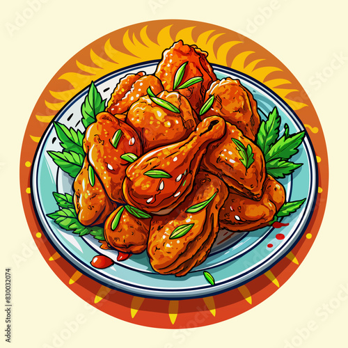 Spicy chicken wings in orange glaze served on a vibrant plate. Delicious crispy chicken wings with fiery sauce and herbs. Tasty glazed chicken wings perfect for a spicy meal
