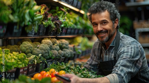 Smiling male vendor arranging fresh vegetables at a farmers market. Organic produce, greenery, and vibrant colors create a healthy environment.