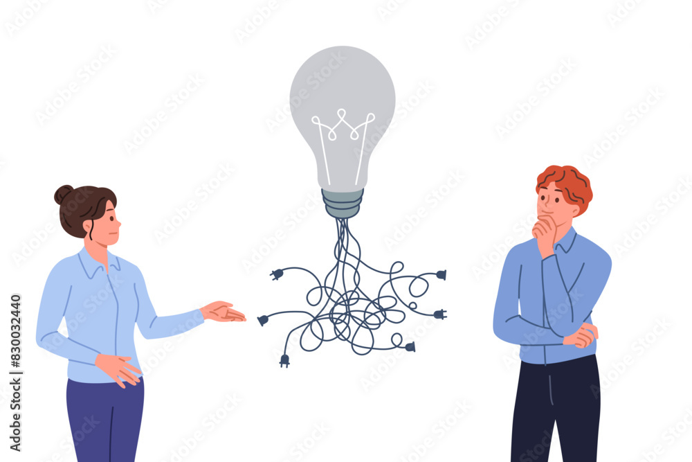 Business idea with many ways of implementation in form of light bulb with wires near man and woman office employees. Teamwork with brainstorming to find optimal solution to bring idea to life Business idea with many ways of implementation in form of light bulb with wires near man and woman office employees. Teamwork with brainstorming to find optimal solution to bring idea to life