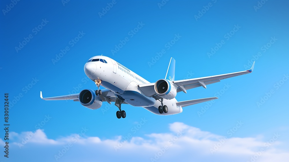 A sleek airplane taking off against a clear blue sky.