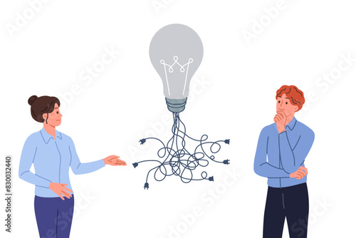 Business idea with many ways of implementation in form of light bulb with wires near man and woman office employees. Teamwork with brainstorming to find optimal solution to bring idea to life