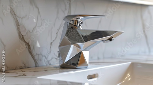 Designer bathroom faucet with a unique geometric shape  isolated on a white studio background