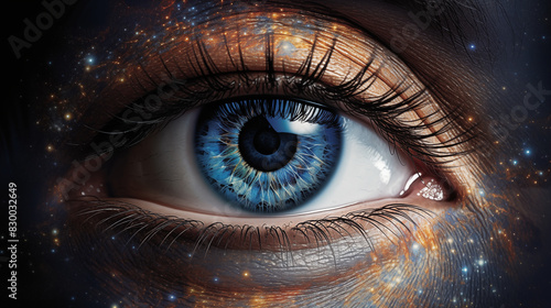 Cosmic Eye Universe - Macro Shot of an Eye with a Starry Night Sky Reflection. Generative AI