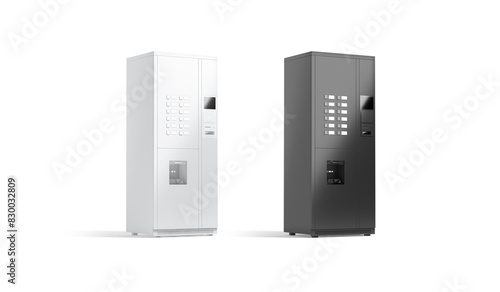 Blank black and white coffee vending machine mockup, side view photo