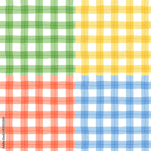 Colorful geometric square grid line seamless pattern. Retro patchwork gingham style background. Abstract tartan fabric texture illustration.
