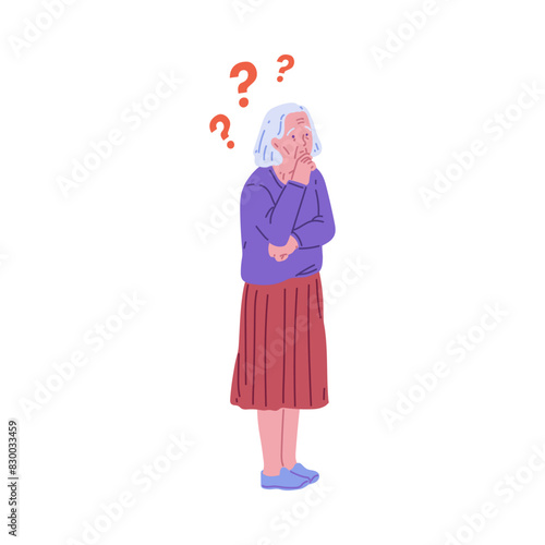 Vector image elderly woman with question marks indicating memory loss on a white background