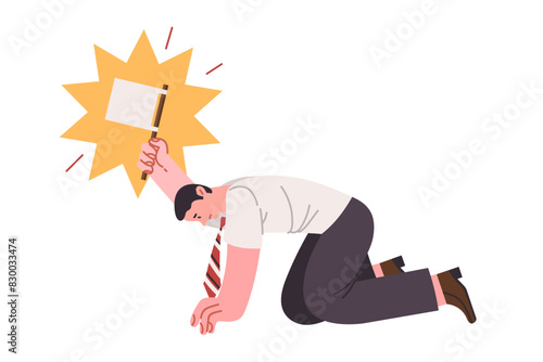 Loser businessman waves white flag admitting defeat caused by lack of strategic planning