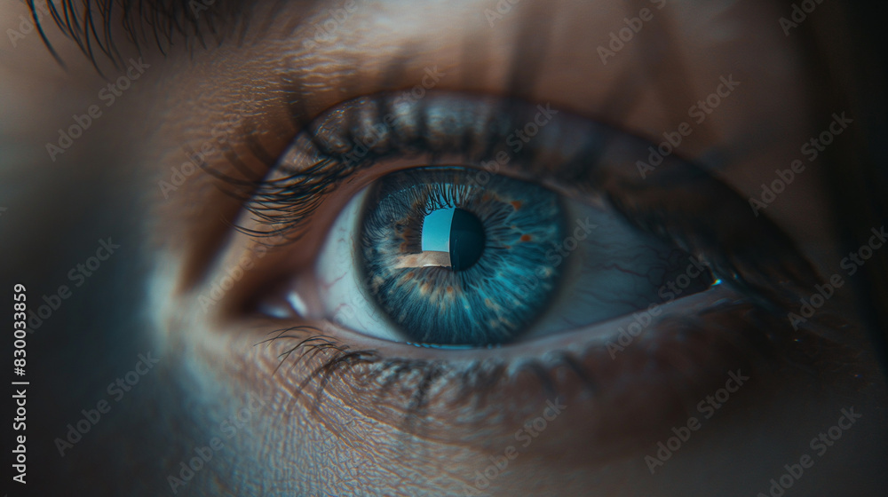 Fototapeta premium Intense Macro Shot of a Human Blue Eye with Vivid Iris and Detailed Eyelashes. Generative AI