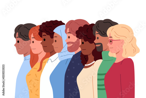 Multinational people stand in row demonstrating unity and willingness to stand together against racial discrimination. Multinational men and women form intercultural community based on equality