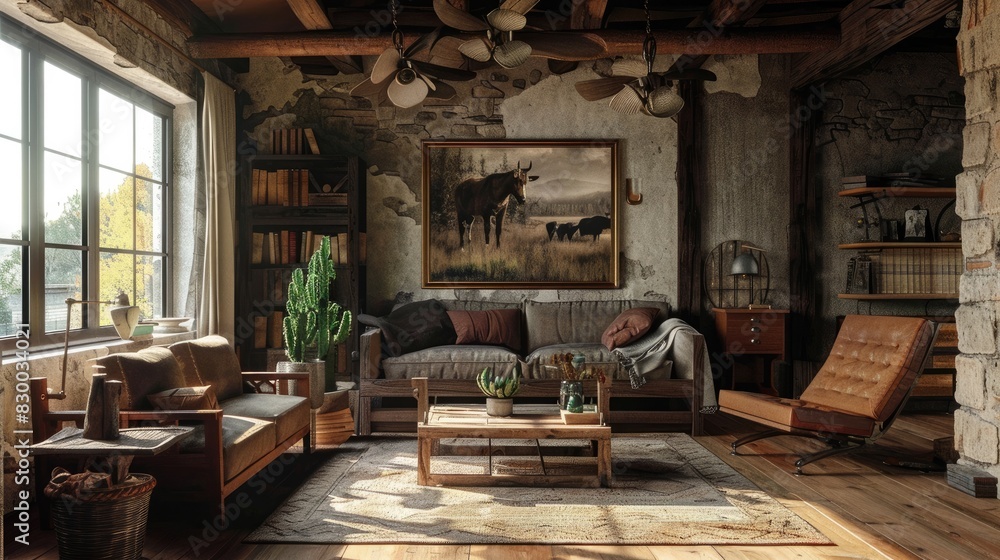 Rustic style living room with lots of robust wooden furniture. Interior. Generative AI Rustic style living room with lots of robust wooden furniture. Interior. Generative AI