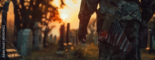 A close up of an American soldier holding the flag in his hand, standing at sunrise near tombstones and graves in a military cemetery with a World War I theme. The American flag with a vintage style a photo