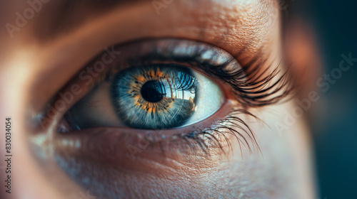 Intense Macro Shot of a Human Blue Eye with Vivid Iris and Detailed Eyelashes. Generative AI