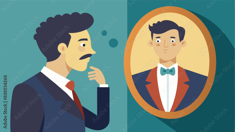 A gentleman softly whispers encouraging words to himself in the reflection of a mirror.. Vector illustration A gentleman softly whispers encouraging words to himself in the reflection of a mirror.. Vector illustration
