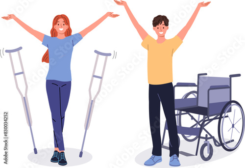 People with disabilities celebrate end of rehabilitation and recovery, stand near crutches and wheelchair. Man and woman with disabilities healed after receiving massage therapy or new medications