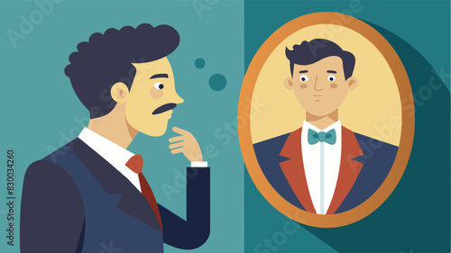 A gentleman softly whispers encouraging words to himself in the reflection of a mirror.. Vector illustration