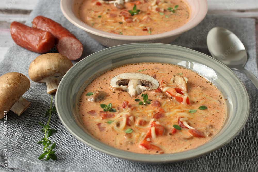 Hearty Pizza Soup with Cabanossi and Ground Beef Hearty Pizza Soup with Cabanossi and Ground Beef