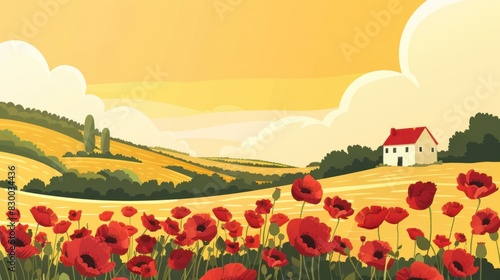 Field of red poppies with house in background serene countryside landscape with blooming flowers and rural dwelling