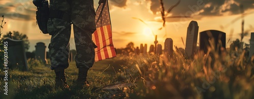 Close up of a soldier holding an American flag in his hand, standing at a graveyard with tombstones in the background, in the style of cinematic, sunset light, shallow depth of field, warm tones, phot photo