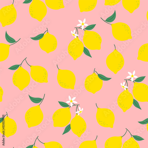 Lemon fruit seamless pattern illustration in vintage flat cartoon style. Natural tree branch background with flowers. Citrus food concept, organic juicy fruits backdrop.