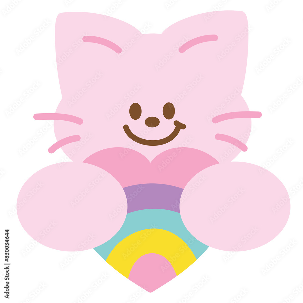 Illustration of cat with rainbow heart for pride month, animal print, pet, vet, pet shop, adopt, rescue, logo, icon, paw friend, cartoon, character, comic, mascot, plush toy, doll, cute patches, kids Illustration of cat with rainbow heart for pride month, animal print, pet, vet, pet shop, adopt, rescue, logo, icon, paw friend, cartoon, character, comic, mascot, plush toy, doll, cute patches, kids