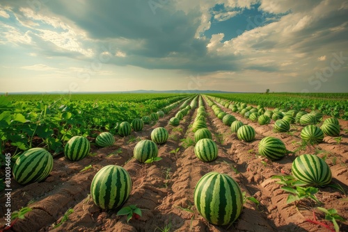 Field of watermelons under a partly cloudy sky, showcasing rows of ripe watermelons ready for harvest with lush green plants.