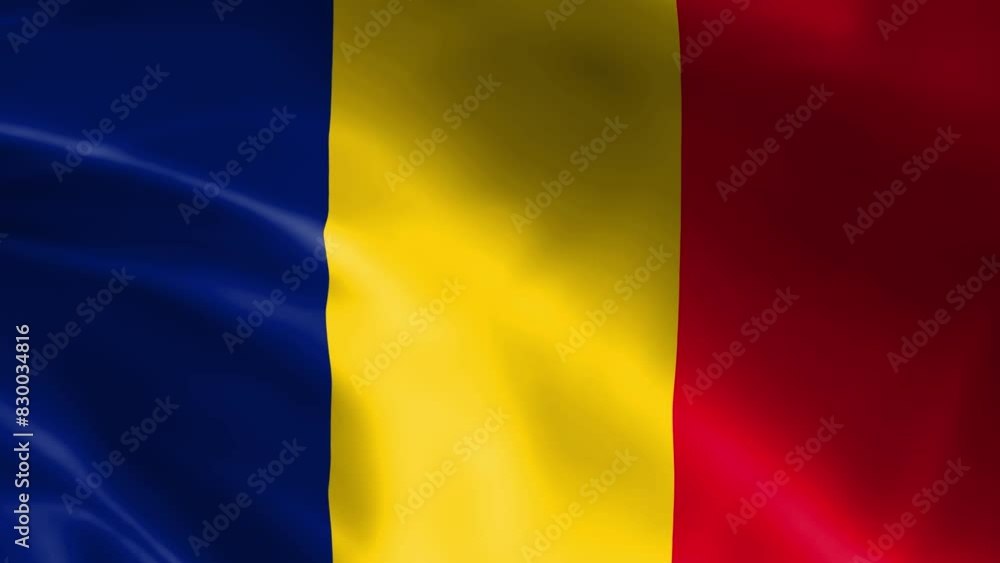 Romanian flag in the wind. Detailed fabric texture.