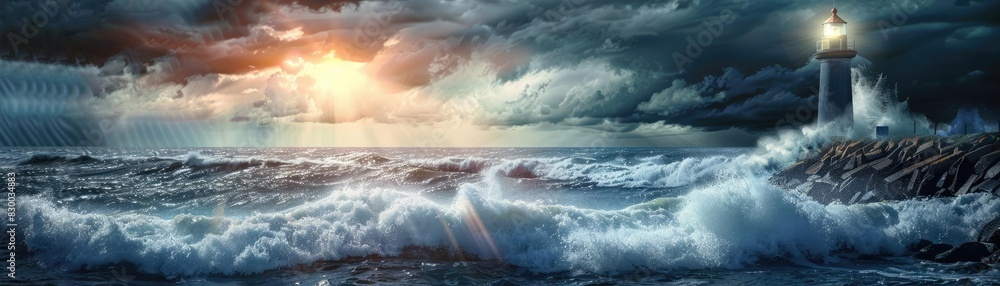 A dramatic seascape with a lighthouse guiding ships through stormy waves under an intense, vivid sunset. A dramatic seascape with a lighthouse guiding ships through stormy waves under an intense, vivid sunset.