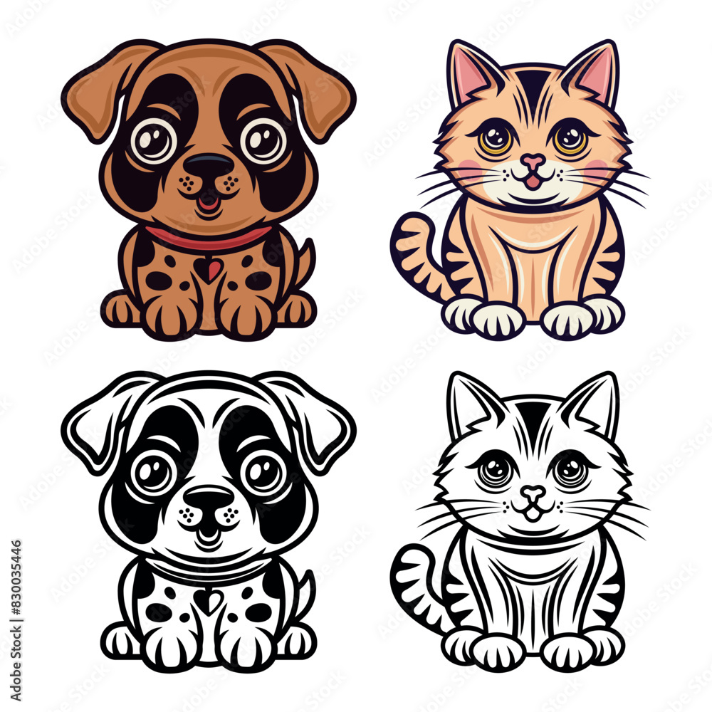 Cat and dog cartoon characters set of vector illustrations in two styles, monochrome and colored