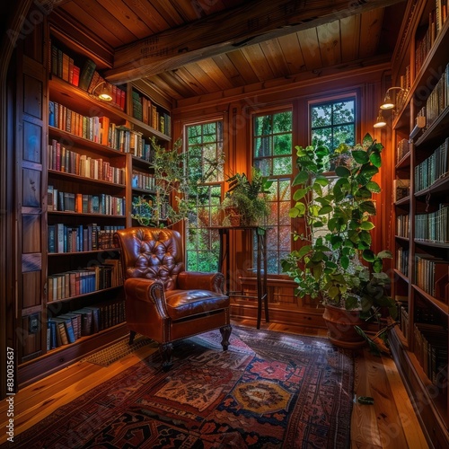 Cozy home library with leather chair, lush plants, and filled bookshelves, offering a perfect reading nook bathed in natural light.
