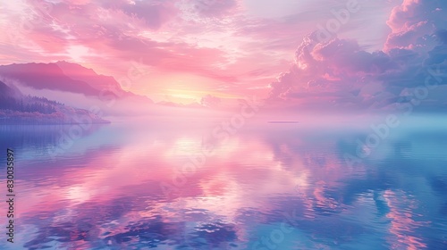 A photo of a serene lakeside with mirror-like water, a dawn sky with pastel hues and morning fog in the background