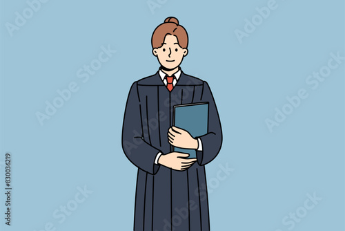 Judge woman in robe stands with book in hands, inviting to participate in meeting and make verdict based on law and justice. Girl judge is ready to work on arbitration or resolve legal conflicts