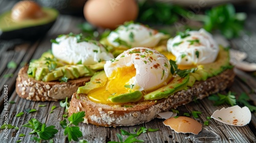 Healthy avocado toast with poached eggs, nutritious breakfast, fresh and delicious, wholesome ingredients, light meal, wooden background, copy space.