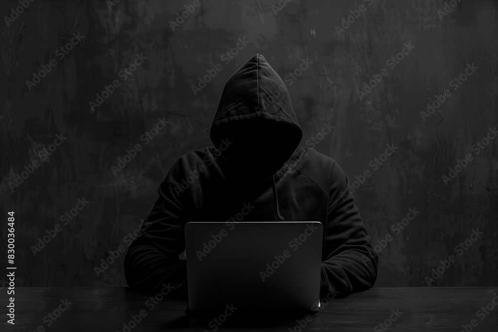 Hacker with a laptop in a desk, his face cannot be seen, dark environment, internet security concept. Copy space Hacker with a laptop in a desk, his face cannot be seen, dark environment, internet security concept. Copy space