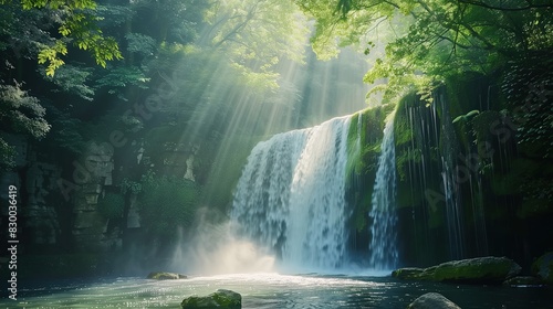 a serene waterfall deep in a lush forest