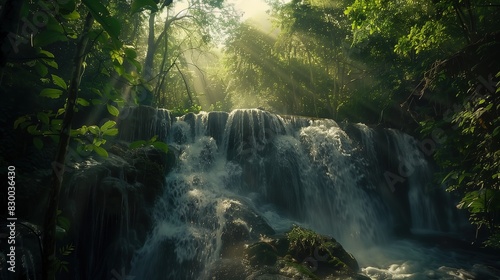 a serene waterfall deep in a lush forest