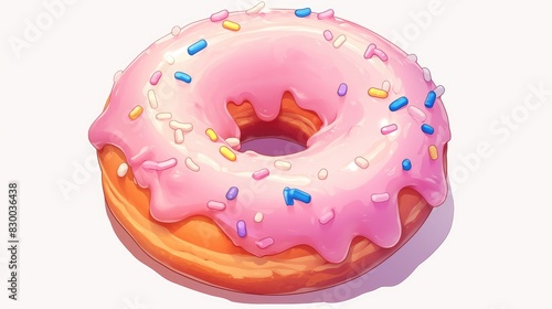 A vibrant cartoon illustration showcasing a scrumptious donut topped with creamy frosting and sprinkles This delectable fast food treat falls under the category of sweet indulgences making i