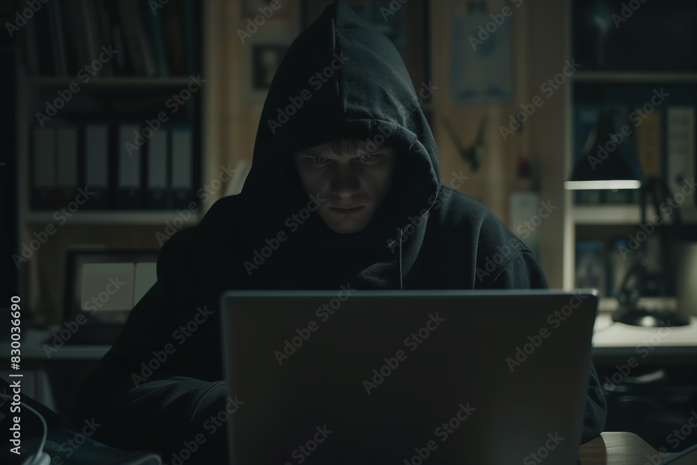 Hacker with a laptop in a desk, dark environment, internet security concept. Copy space Hacker with a laptop in a desk, dark environment, internet security concept. Copy space