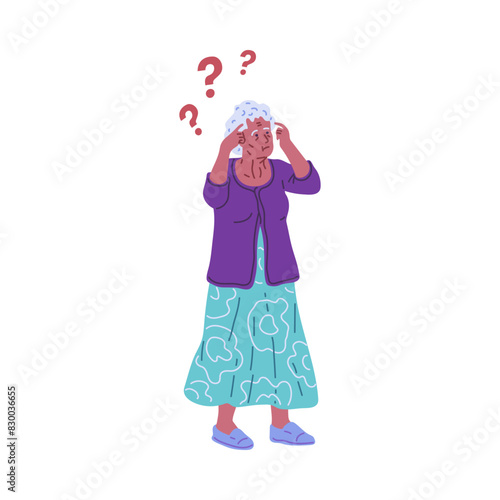 Alzheimer dementia illness disease elderly woman patient, vector confused character with memory loss, amnesia
