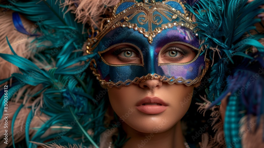 A woman wearing a blue and gold Venetian mask with green eyes and blue green feathers.