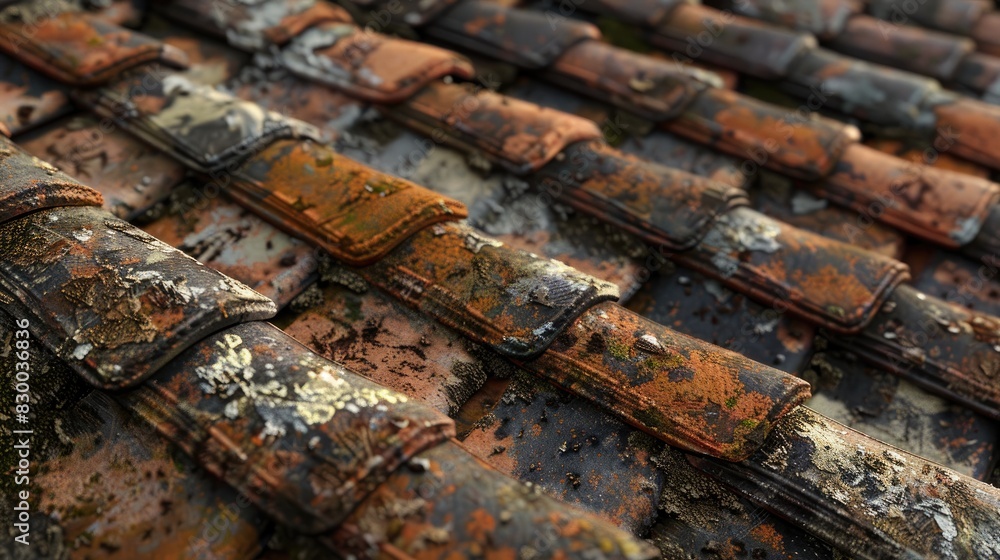 Mossy, old tiles on an old house. Generative AI Mossy, old tiles on an old house. Generative AI