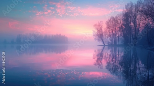 A photo of a serene lakeside with mirror-like water  a dawn sky with pastel hues and morning fog in the background